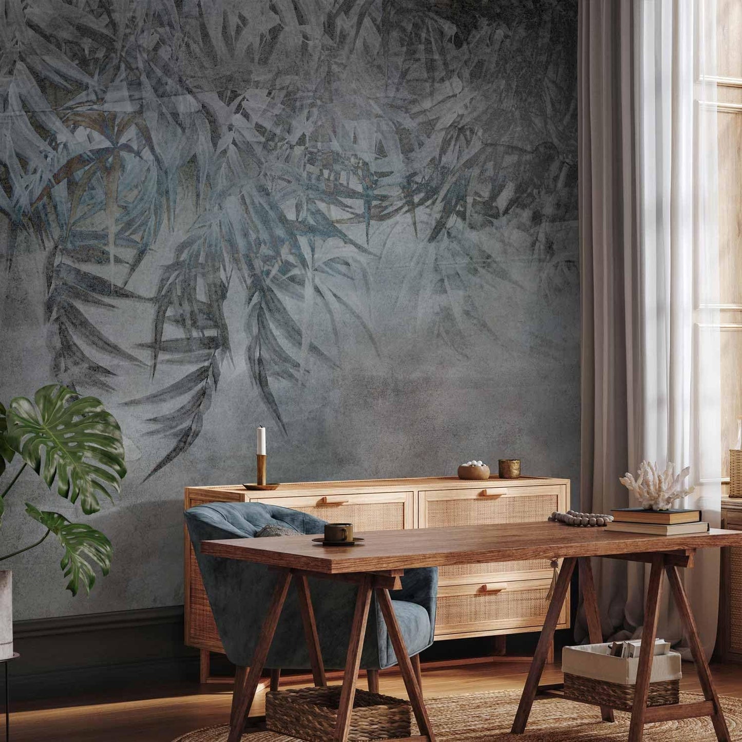 artgeist Wall Mural Leaves 138x101 in - XXL Non-Woven Wallpaper Fleece Wall Decor Photo Print Picture Image Design Palm Leaves Concrete Nature Grey b-C-10103-a-a