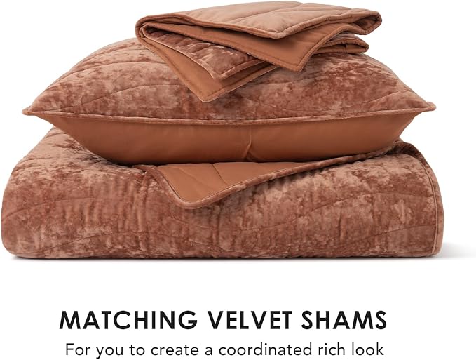 EverGrace Luxury Velvet Quilt Queen Size, Ultra Soft Wave Crushed Velvet Bedding Set, Lightweight Quilted Comforter Set for All Season, Oversized Bedspread Coverlet with 2 Shams, Burnt Orange