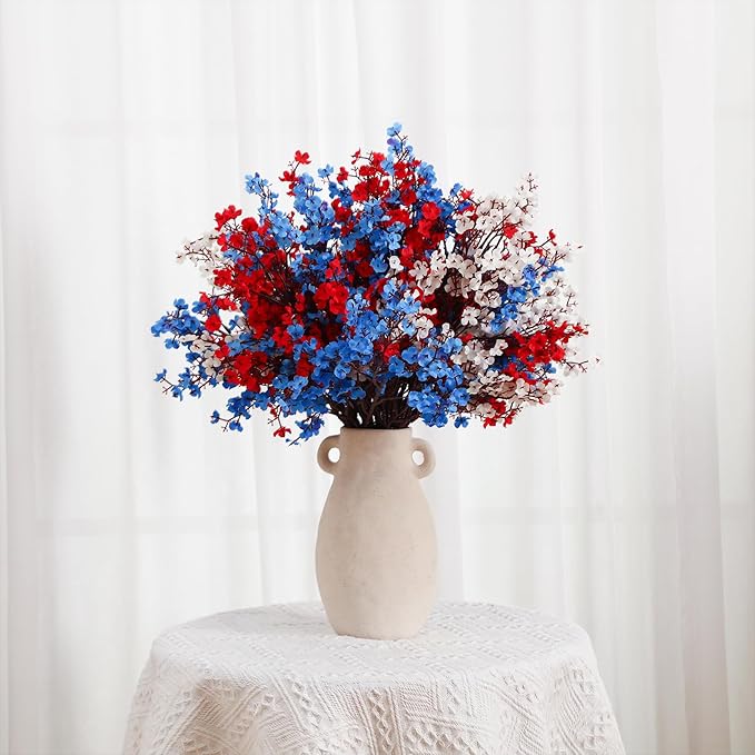Lyrow 24 Pcs Red Blue White Patriotic Artificial Flowers 4th of July 250th Anniversary Table Centerpieces Decor Fake Babys Breath Pick Stems Floral Arrangement for Veterans Memorial Day Home Outdoor