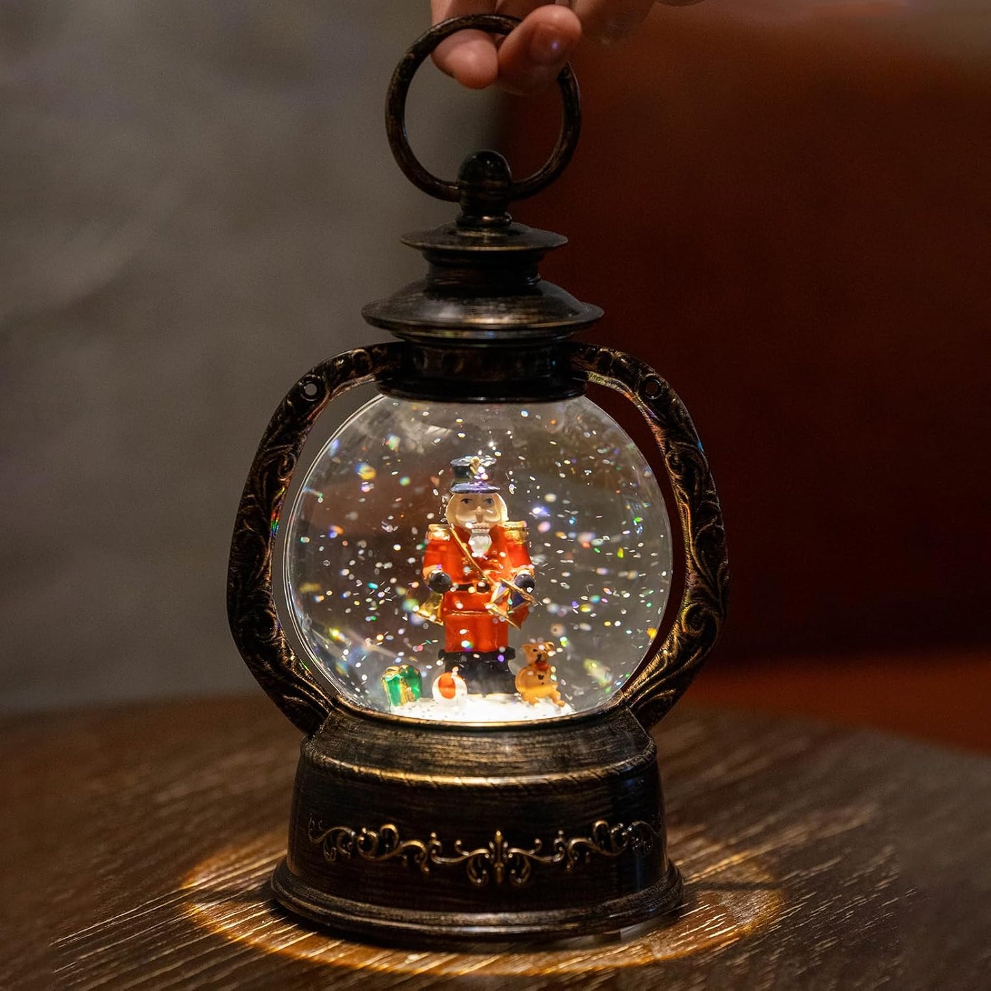Christmas Snow Globe Lantern Water Glittering Nutcracker with Music & Timer, USB Lined/Battery Operated Lighted Lantern for Christmas Festival Decoration Gifts