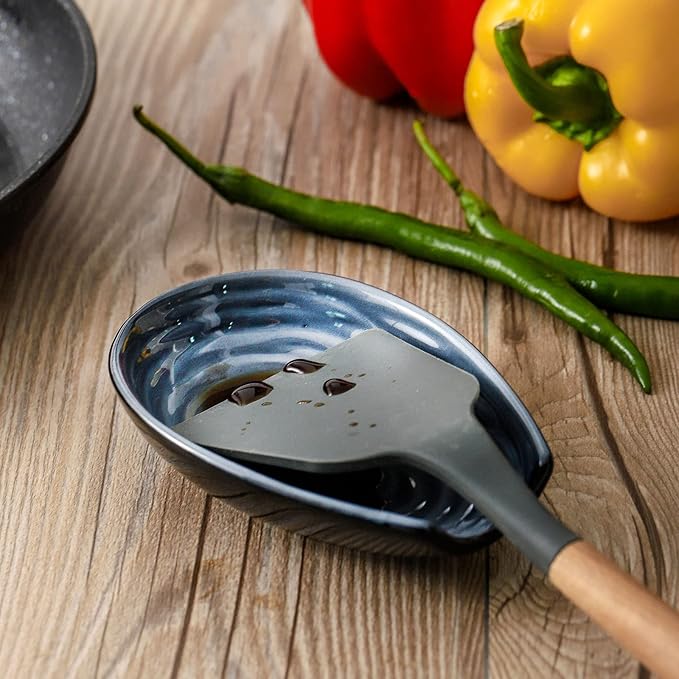 Hasense Spoon Rest for Stove Top and Kitchen Countertop, Large Heat-resistant Spoon Holder for Spatula Ladles Tongs, Farmhouse Cooking Spoon Holder for Home Kitchen Decor, Grey and Blue, 1 PC