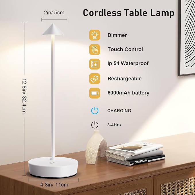 Set of 2 Rechargeable Cordless Table Lamp,6000mAh LED Battery Operated Desk Lamp Touch 3 Color Dimming Portable Outdoor Waterproof Table Light for Patio/Restaurant/Dining/Home (White)