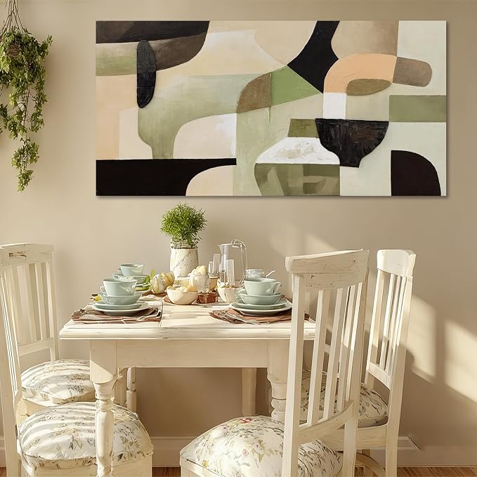 ZUNARE Modern Abstract Green and Beige Canvas Ceramic vessel form Wall Art Minimalist Color Block Artwork Contemporary Painting for Living Room Bedroom Office Wall Decor 24x48 Inch