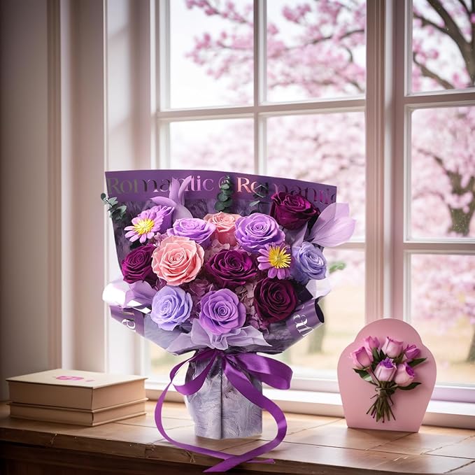 Lovenfold Flowers for Delivery Birthday Flowers Gift for Her,Preserved Flowers Bouquet 12 Roses Mixed Bouquet,Rose Gifts for Women Mom Grandma(Mixed 12 Lilac Roses)