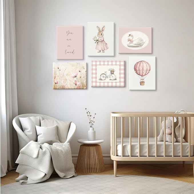 Pink Nursery Wall Art Decor Baby Girl Room Pictures Vintage Nursery Canvas Wall Decor Bunny Prints Floral Swan Poster Cute Rabbit Painting Artwork for Toddler Girls Bedroom 12x16x6 Inch Wrapped Canvas