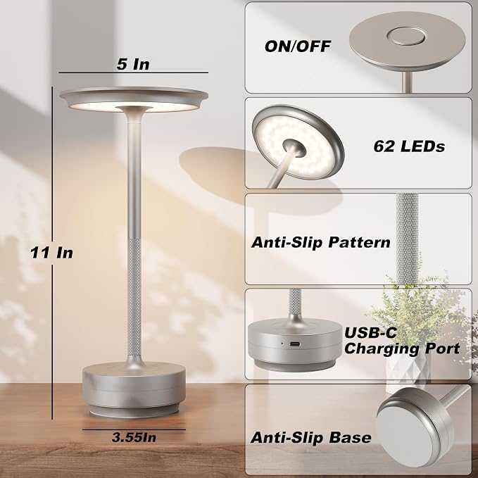 TBBGA 1 Pack Rechargeable Cordless Table Lamps, Portable 5000mAh Battery Table Light, 3 Color Stepless Dimming LED Table Light with Memory Function, for Outdoor/Dinner/Patio/Restaurant.(Silver)
