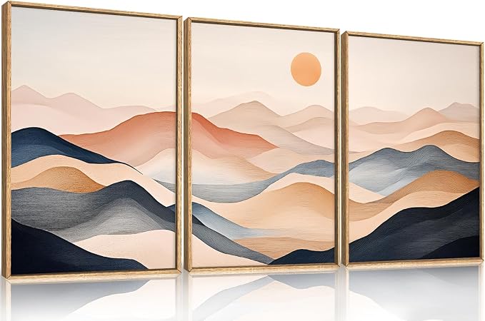 DRACIT Mimimalist Abstract Mountain Framed Canvas Wall Art Set,Earthy Toned Nature Landscape Wall Decor,Modern Watercolor Sunrise Artwork for Living Room, Bedroom,Office-24 x36 x3