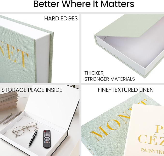 Decorative Books for Home Decor - Stackable Fake Books Storage Box for Coffee Table - Set of 2 Linen Faux Books Double as Libros Decorativos and Photo Storage, Sage