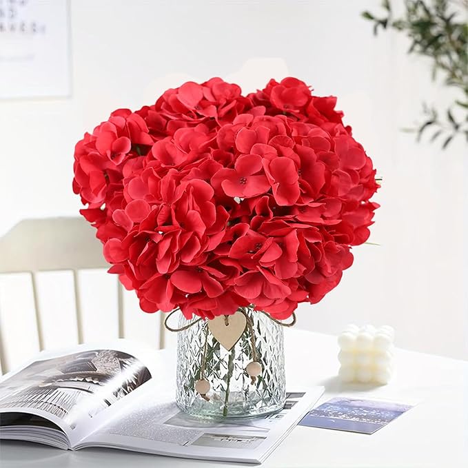 AVIVIHO Fake Flowers 65pcs Red Hydrangea Artificial Flowers Bulk (Not Squished, No Steaming Need) Silk Flowers with Stems for Wedding Decor,Home,Baby Shower,Table Centerpieces Decoration