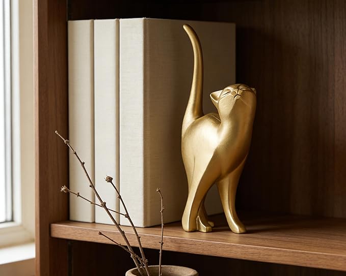Gold Cat Statue Modern Abstract, Home Office Shelf Decor, 7-Inch Vibrant Assorted Colors, Easy to Match Any Decor Style