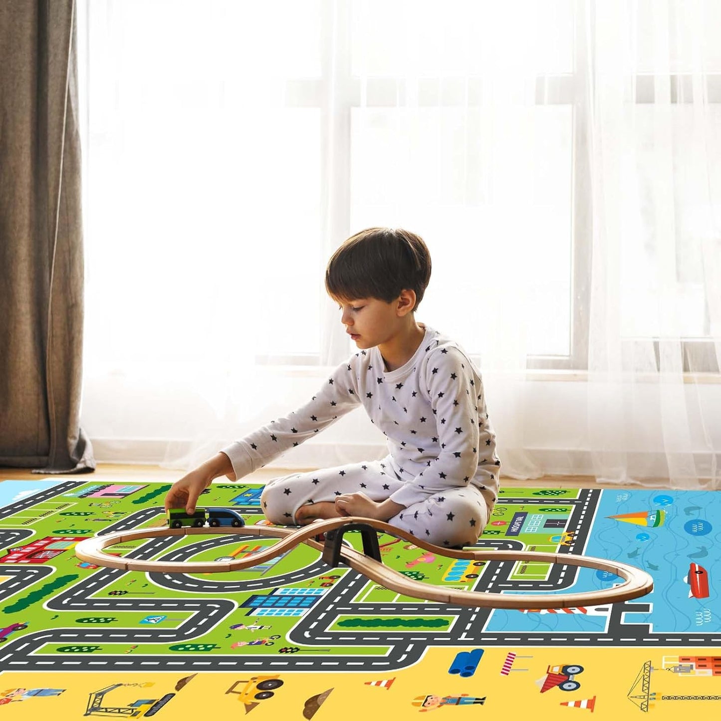 Kids Rug Playroom Car Rug Play Mat City Life Road Rugs Fun City Map for Kids Toy Cars Carpet for Bedroom Boys (Green-Rug, 5.2x7.9ft)
