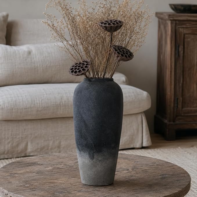 Ceramic Rustic Farmhouse Vase, 15 Inch Black Handmade Pottery Flower Vase for Home Decor, Rustic Living Room Decor, Wedding Gifts, Shelf & Table Decoration