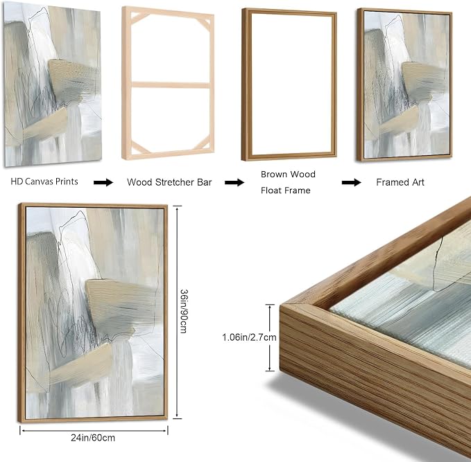 Large Framed Abstract Wall Art for Living Room Decor, Beige, 24X36inX3pcs, Neutral Abstract Painting Artwork Wall Picture, Modern Wabi-sabi Canvas Art Prints for Bedroom Bathroom Office Home