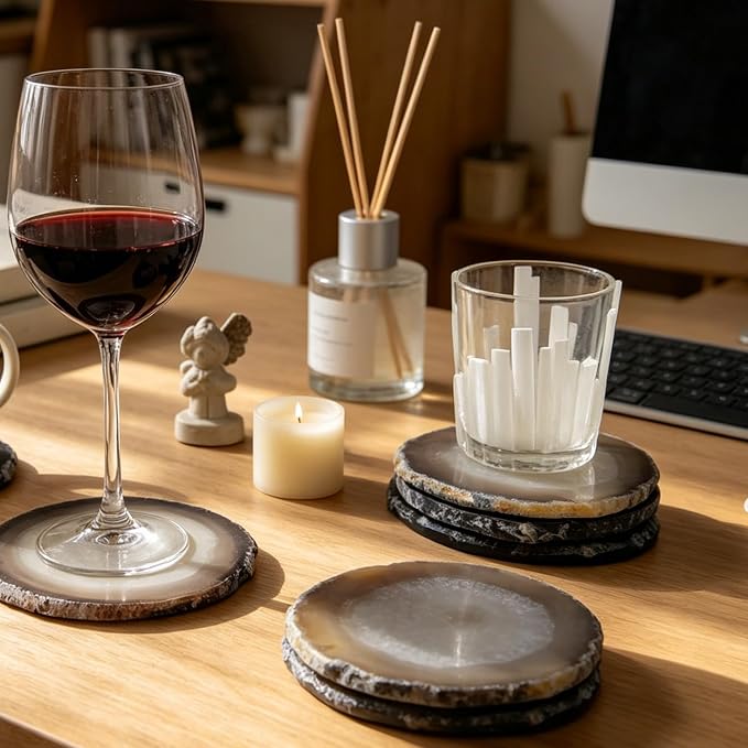 Agate Coaster for Drinks Polished Agate Slices Crystal Coasters with Rubber Gray 3-4" Coffee Table Decor Bar Sets for the Home
