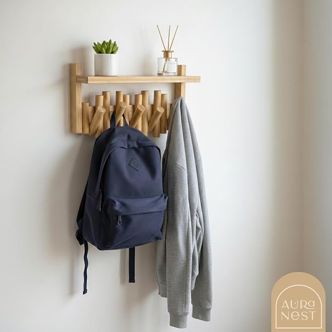 Bamboo Wall Mounted Coat Rack with Shelf Flip Down Wooden Hooks for Entryway Hallway Bedroom | Natural Piano Hanger, 5 Hooks, Space Saving Organizer