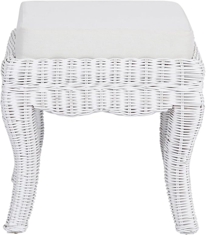 JONATHAN Y Rowan Woven Rattan Vanity Stool with White Cushion, 18.5" Coastal Backless Makeup Chair for Bedroom & Bathroom, White Distressed Mango Wood Wicker Ottoman Footrest VSL1000D