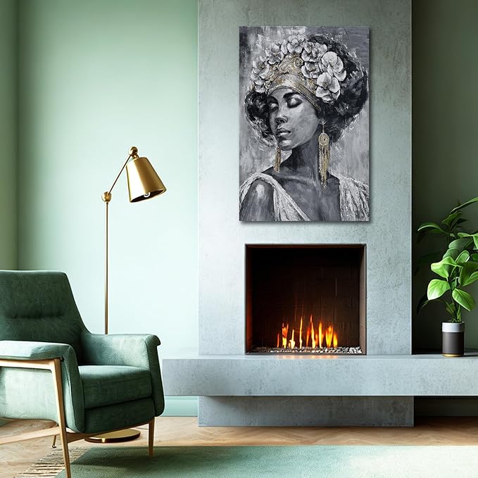 ZUNARE Vertical Ethnic Woman Wall Art Grey Gold Abstract Figure Canvas Painting Contemporary Cultural Artwork for Living Room Hallway Office 32x48inch