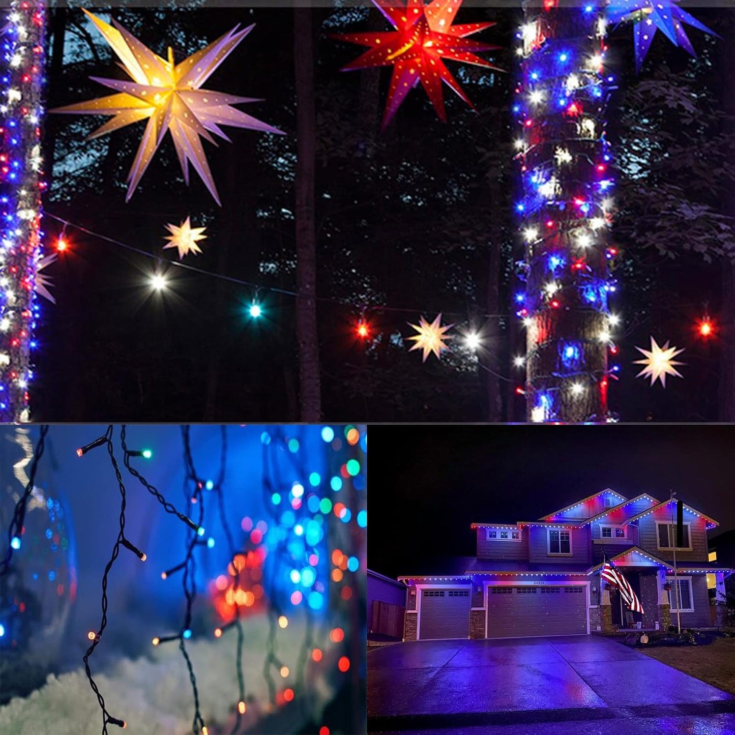 4th of July Decorations Outdoor, 4pk Red White and Blue Solar String Lights, 400LED 132FT LED Patriotic Light Waterproof, Solar Fairy Twinkle Light for Independence Day Yard Garden Tree Decorations