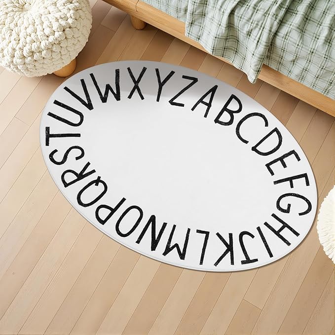 Topotdor Oval Kids Play Rug Alphabet Nursery Area Rug Extra Large Soft Crawling Play Mat for Children Toddlers Bedroom (47x70 inch, White)