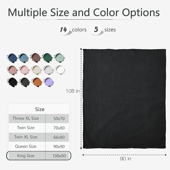 Carriediosa 100% Cotton Muslin Throw Blanket 108" X 90" King Size,4-Layers Summer Gauze Throws for Bed Couch,Soft Lightweight Breathable Linen Blankets Bedspread for Adults All Season,Black