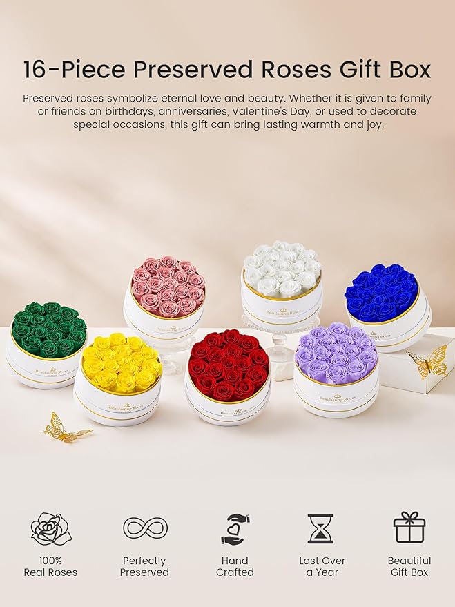 16 Preserved Roses Forever Flowers Real Roses in a Box Mother's Day Birthday Flowers for Her Mom Women Wife Valentine's Day, White Roses