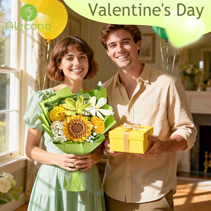 Alecono Crochet Flower Bouquet, Green Knitted Flowers, Crochet Sunflowers for Mother's Day Anniversary Birthday Graduation Lover Valentine Day Gifts (with Card)