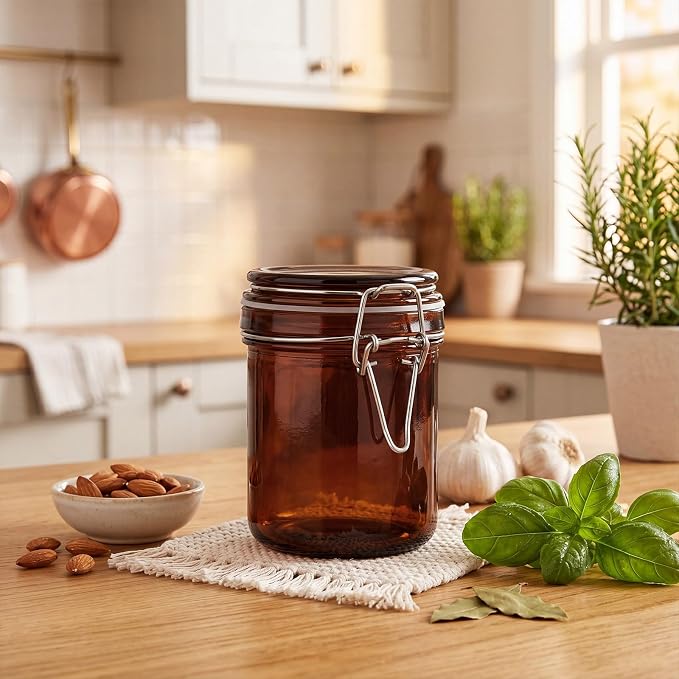 Norme 6 Pack 8oz Amber Airtight Glass Jars with Lids, Cylinder Food Storage Container Airtight Food Wire Clip Fastening for Sauerkraut Flour Kitchen Sugar Cereal Kitchen Canning Pickling Mason Jars