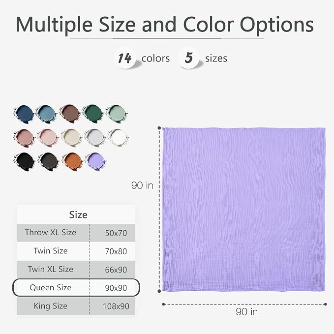 Carriediosa 100% Cotton Muslin Throw Blanket 90" X 90" Queen Size,4-Layers Summer Gauze Throws for Bed Couch,Soft Lightweight Breathable Linen Blankets Bedspread for Adults All Season,Light Purple