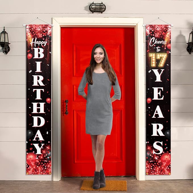 5665 Happy 17th Birthday Porch Sign Door Banner Decor Red and Black β Glitter Cheers to 17 Years Old Birthday Party Theme 01 0