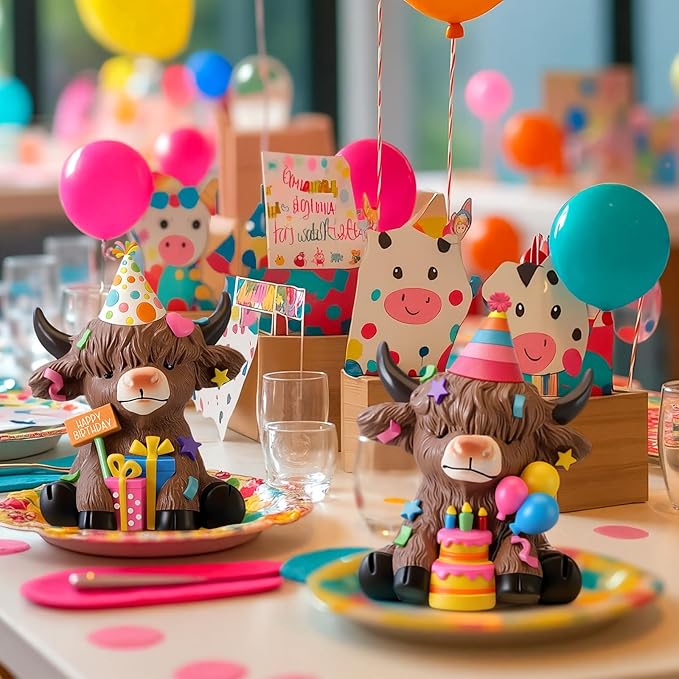 Karenhi 2 Pcs Birthday Highland Cow Figurines, Resin Cow Gnomes Party Hat Gifts Balloons Cake Farmhouse Scottish Resin Statue Calf Lovers Gifts for Home Garden Kitchen Office Tiered Tray Table Decor