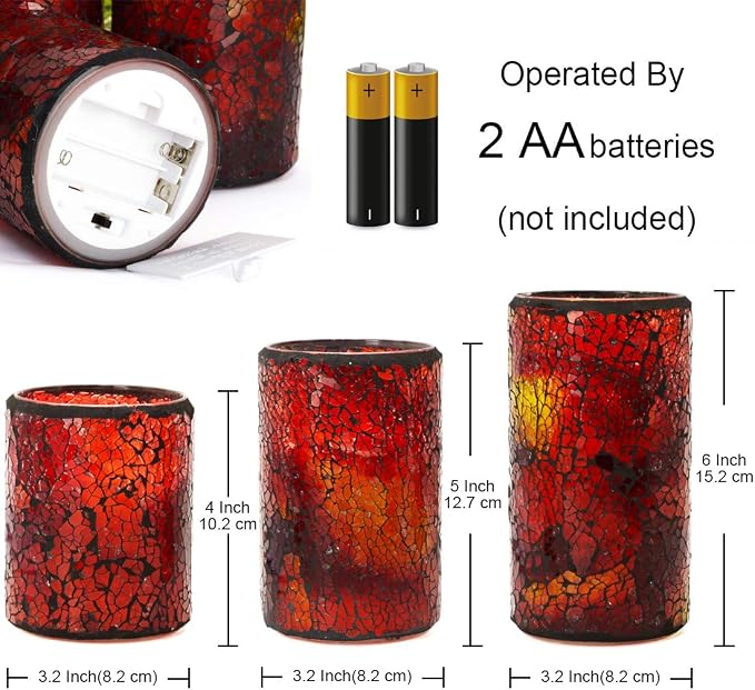 TELOSMA LED Mosaic Flameless Candle, Red Yellow Cracked Glass Pattern Pillar Candle - Centerpieces Table Bed Fireplace Autumn Decor - Set of 3