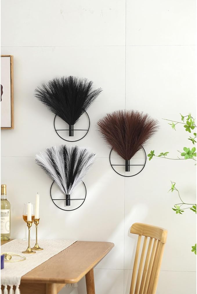 Pretty Jolly Boho Wall Decor - Hanging Artificial Pampas Display for Living Room, Bedroom, Bathroom, Dining Room - Wall-Mounted Metal Art, Plant Decor 2 Pack, Black, White, Gold