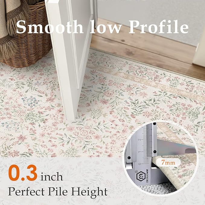 PureCozy 2x5 Pink Area Rug for Kitchen Washable Vintage Floral Carpet Low Pile Non Slip Botanical Aesthetic Soft Accent Throw Rug Entrance Bathroom Bedroom Nursery Office Indoor