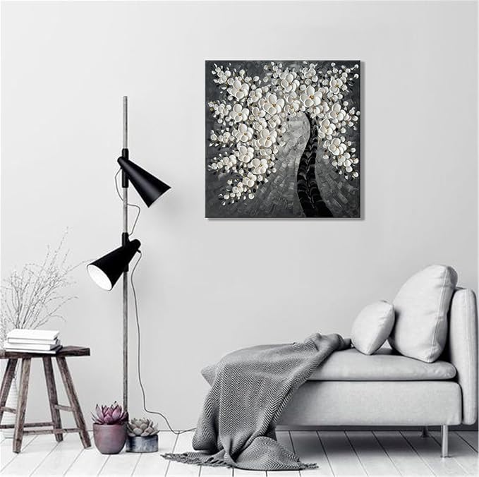 zoinart Hand Paintings 3D Floral Canvas Wall Art 24x24 Inches Abstract Floral Paintings Modern Contemporary Texture Wall Art Tree Black and White Artwork for Home Decorations