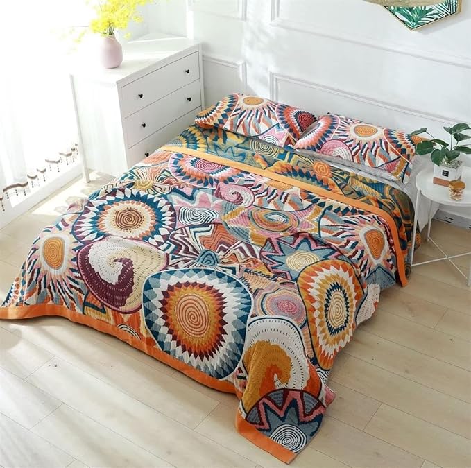 MSGKV Boho Throw Blanket for Couch 50"x60" 100% Cotton Sofa Blanket Summer Breathable Lightweight Blanket Home Decor Muslin All Seasons
