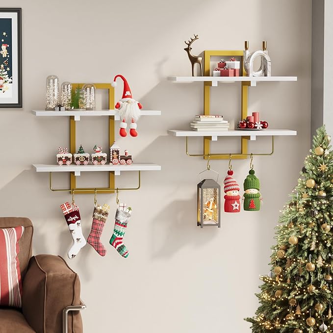Creso hom Floating Shelves, 15" Wall Shelf Set of 2, Hanging Bathroom Shelves 2-Tier, Wall Mounted Storage Shelves, for Living Room Bedroom Bathroom Kitchen Office Coffee Bar, White and Gold