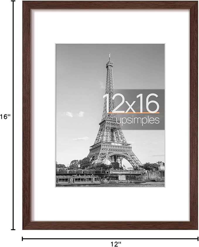 upsimples 12x16 Picture Frame, Display Pictures 8.5x11 with Mat or 12 x 16 Without, Wall Hanging Poster Frames, Brown, 1 Pack