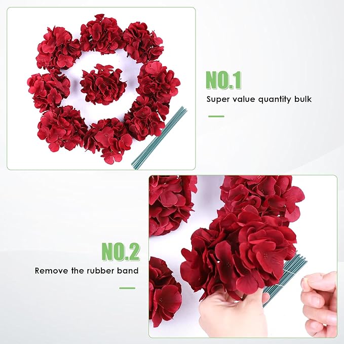 AVIVIHO 65Pcs Fake Flowers Burgundy Hydrangea Artificial Flowers Bulk (Not Squished, No Steaming Need) Silk Flowers with Stems for Wedding Decor,Home,Baby Shower,Table Centerpieces Decoration
