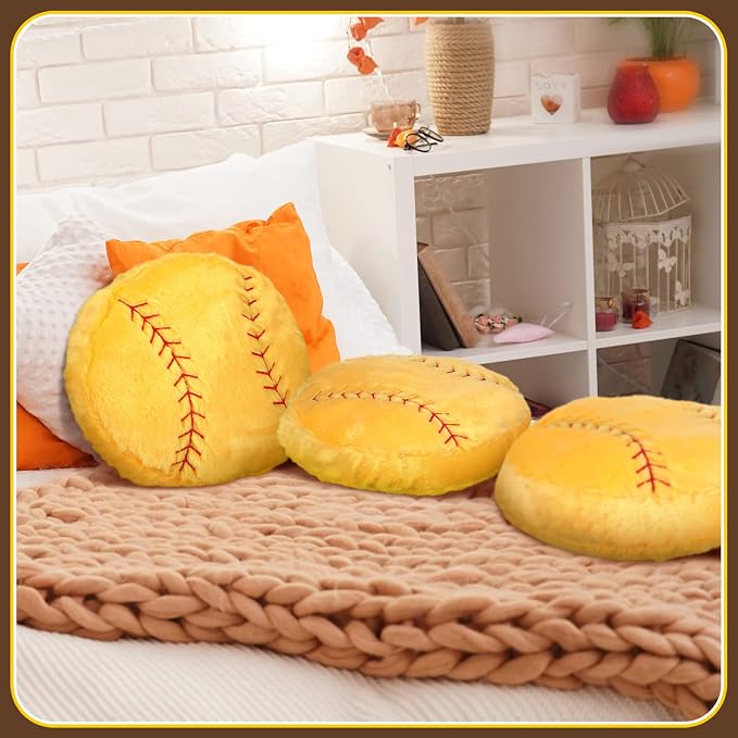 Gerrii 4 Pcs Sports Throw Pillows Basketball Softball Football Soccer Volleyball Tennis Pillow Fluffy Stuffed Plush Cushion Gift for Senior Night Home Bedroom Decor Birthday Present (Softball)
