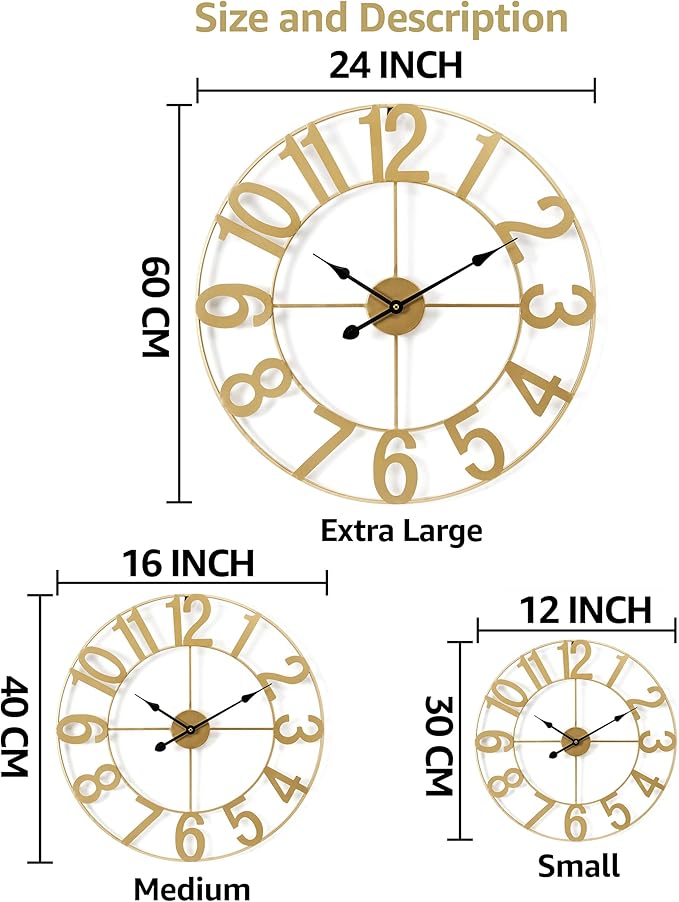 Sorbus Large Wall Clock for Living Room Decor - Wall Clock for Kitchen - 24 inch Big Wall Clock Decorative - Metal Wall Art - Analog Large Clock for Bedroom, Home, Kitchen, Office, Wall Decor (Gold)