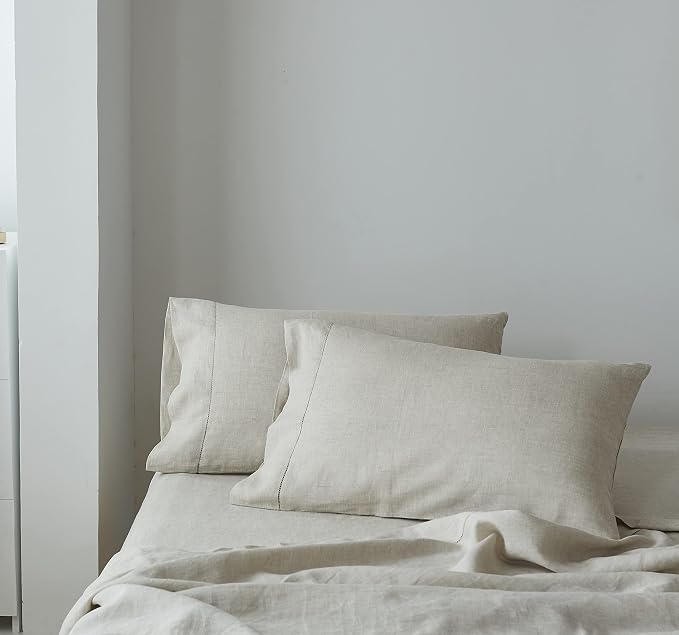 Simple&Opulence 100% Linen Pillowcase with Hand Drawing Hemstitch Pillow Cover Queen Size Set of 2 Soft and Durable (Linen, 20''x30'')