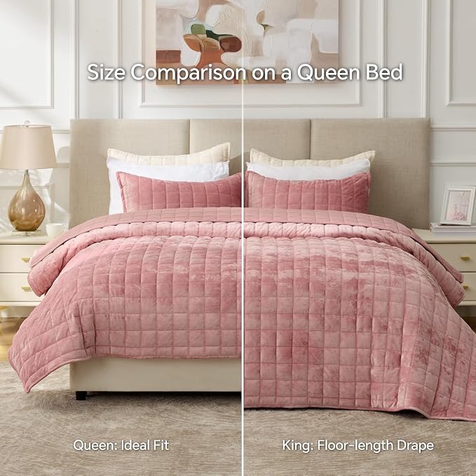 BEDELITE Velvet Quilt Set King Size - Luxury Soft Velvet Comforter Bedding Set for All Season, Lightweight Quilted Box Stitch Oversized Bedspread Coverlet with 2 Matching Shams, Rose Pink