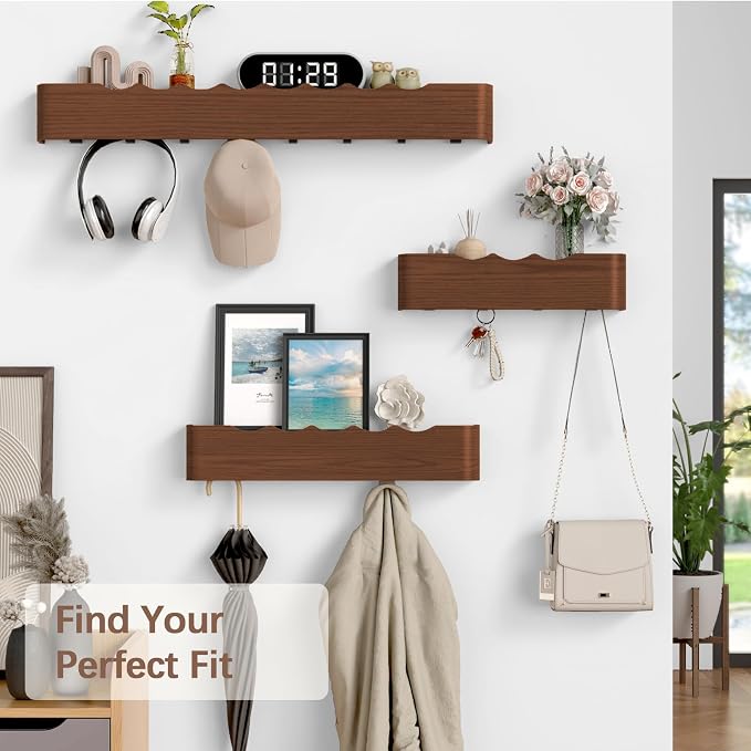 Coat Rack Wall Mount with Hidden Hooks, Wall Hooks with Shelf, Wall Key Holder Mount Wooden Shelf Entryway Hooks for Bedroom Bathroom for Hanging Coats Hats Bags Towels (Walnut Wave-Shape, 8 Hooks)