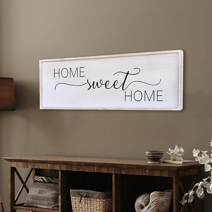Home Sweet Home Sign Wall Decor 32”X12” Master Family Room Above Bed Beautiful Living Room Above Couch Sign Large Rustic Farmhouse Wood Framed Entryway Hanging Wall Art Decoration (White)