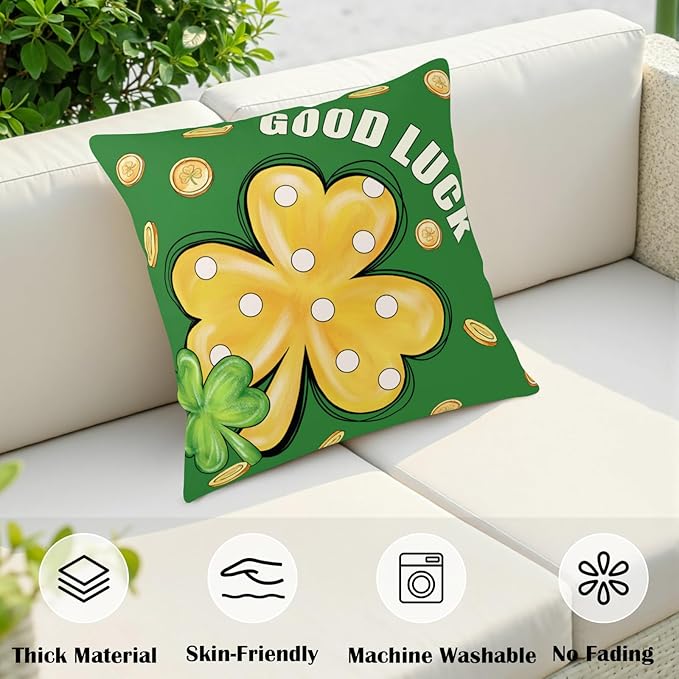 St Patricks Day Pillow Covers Green Lucky Hat Filled with Gold Coin Shamrock Throw Pillow Covers 18x18 Polka Dots Gold Clover Pillow Cases Spring March Holiday Cushion Case for Sofa 2 Pack