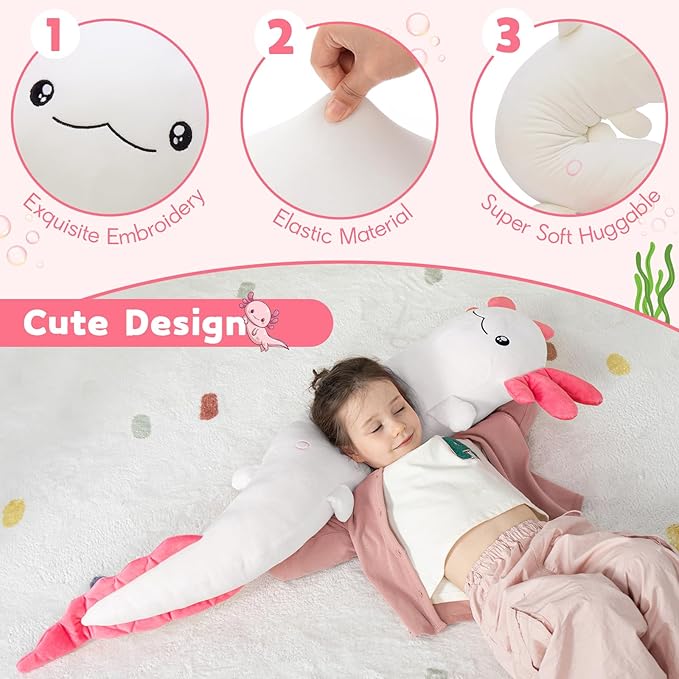 MaoGoLan 48" Giant Axolotl Plush Body Pillow, Large Axolotl Stuffed Animal Toy for Kids Girl Boy, Soft White Glow in The Dark Salamander Plush Toy, Birthday Easter Gift, Baby Shower Holiday Decor