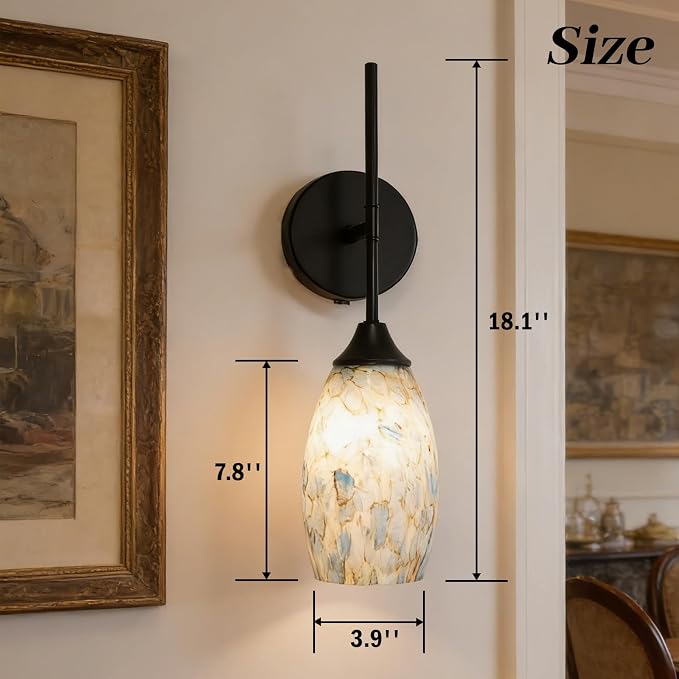 Wireless Battery Operated Wall Sconce Set Of 2,Rechargeable Wall Lights with Remote Control, Dimmable 3000K–6000K, Wireless Wall Sconces With Industrial Hand-Blown Art Glass for Bedroom Living Room
