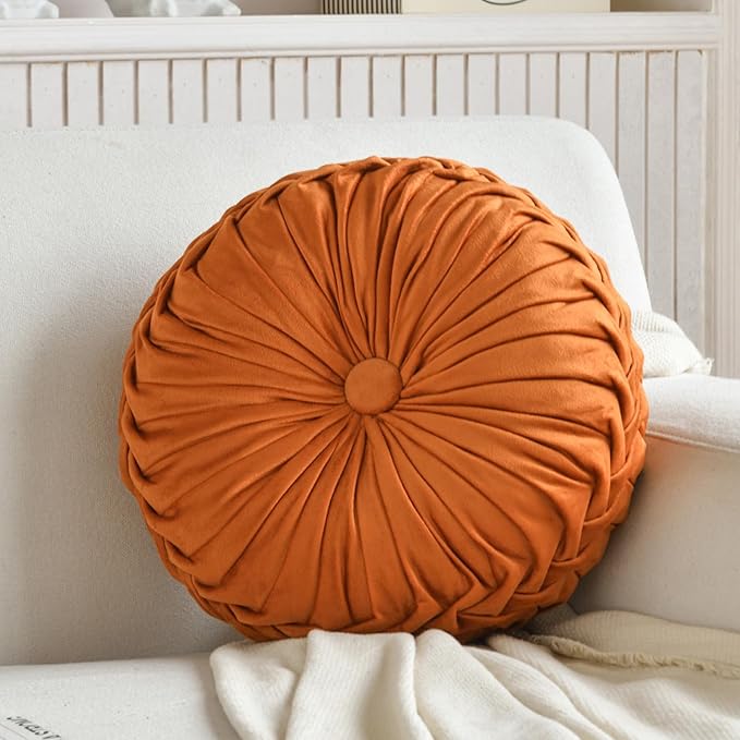 Teieas Round Throw Pillow Velvet Home Decoration Pleated Round Pillow Cushion for Couch Chair Bed Car Orange