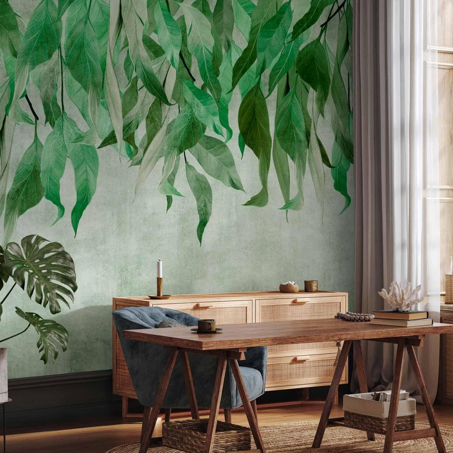 artgeist Wall Mural Hanging Leaves 98x69 in - Non-Woven Wallpaper Fleece Wall Decor Photo Print Picture Image Design Nature Botanical Concrete Green Like Painted b-C-10146-a-a