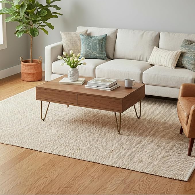 GRUHUM Jute Cotton Area Rug 5'x8' ft Rectangle Handwoven Natural Fabric Farmhouse Rug for Living Room, Bedroom Kitchen - Rustic Vintage Bohemian Eco-Friendly Carpet Home Décor 5x8 ft Natural Boho Rug